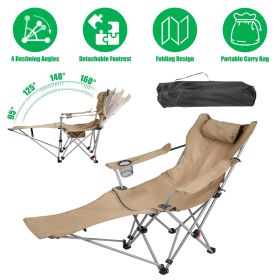 Reclining Camping Chair with Footrest 4-Position Adjustable Outdoor Folding Chair Heavy Duty Portable Camping Lounge Chair with Headrest Cup Hold (Color: khaki)